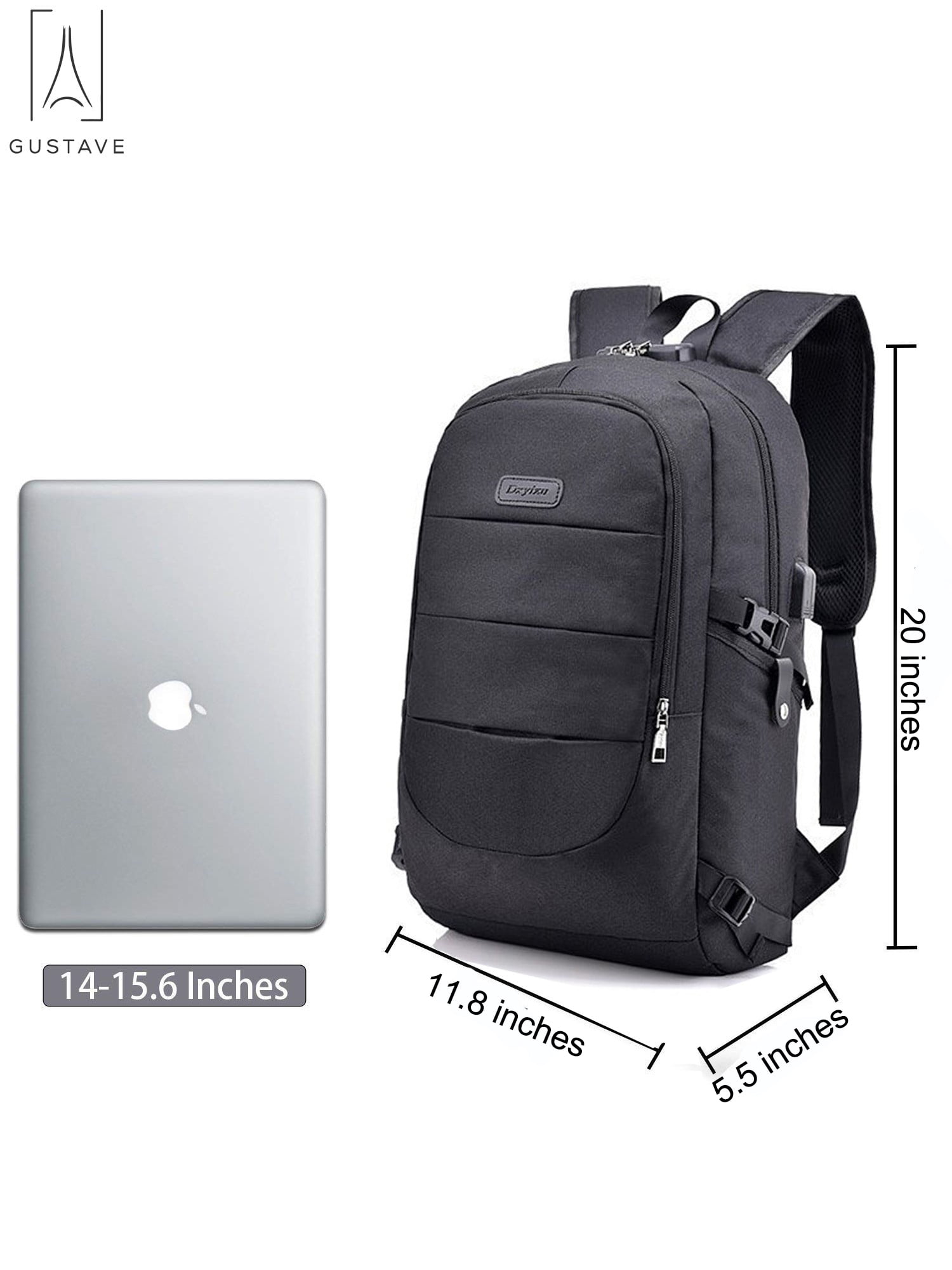 Gustave Laptop Backpack Water Resistant Anti-Theft College Backpack with USB Charging Port and Lock 17Inch Compurter Backpacks for Women Men, Casual Hiking Travel Daypack "Black"