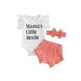 thumbnail image 1 of Infant Girls Letters Print Fly Sleeves Romper, Solid Color Ribbed Shorts and Headband, 1 of 8