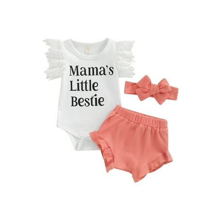

Qmyliery Infant Girls Three-piece Layette Letters Print Fly Sleeves Romper Solid Color Ribbed Shorts and Headband
