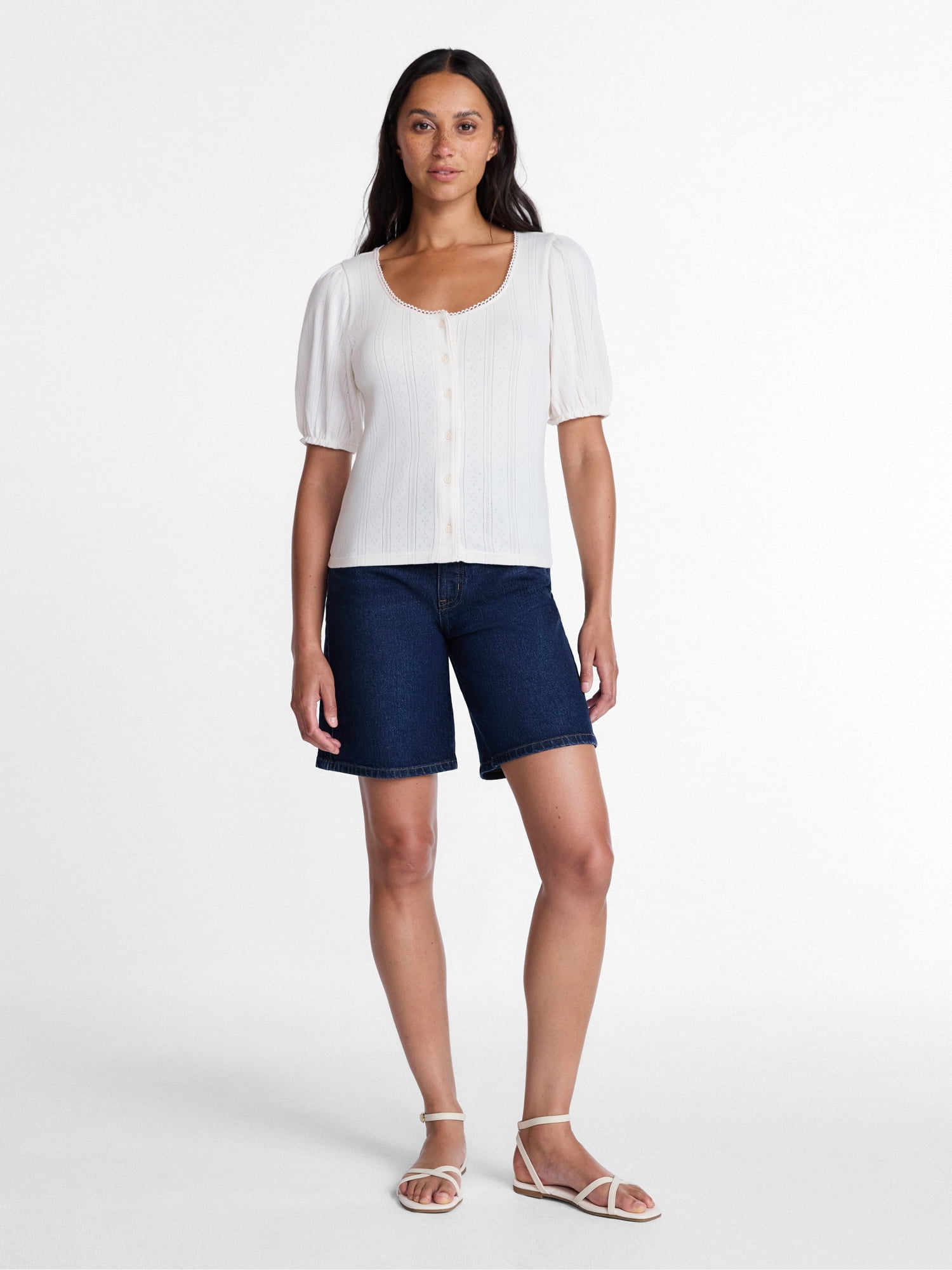 Time and Tru Women's Pointelle Top with Short Sleeves, Sizes XS-XXXL