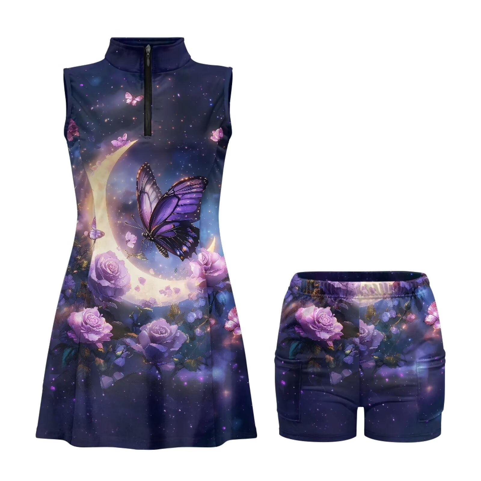 Yuyamidu Butterfly Rose Womens Golf Dresses with Built-in Shorts Athletic Dress for Woman Zip Up Tennis Dress for Women Dry Fit Summer Clothes Size XL