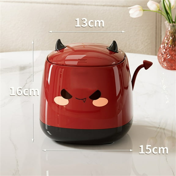 AuroraX Red Desk Trash Can with Lid Small 2.6L Stylish Cute Devil Garbage Can Plastic Art Deco Garbage Bin for Home Bedroom Dormitory Office
