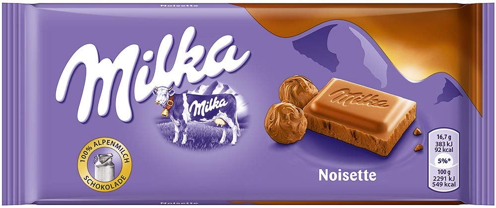 Milka Hazelnut Milk Chocolate Confection, 100g/3.5oz (NOISETTE, PACK OF 5)