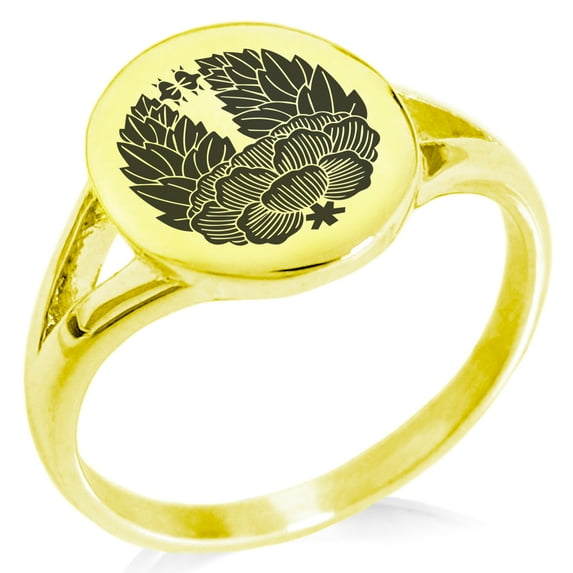 Stainless Steel Tsugara Samurai Crest Minimalist Oval Top Polished Statement Signet Ring