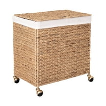 Seville Classics Sustainable Handwoven Lidded Rolling Laundry Hamper with Gold Casters, Natural Water Hyacinth