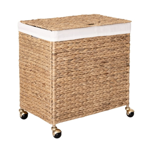 Seville Classics Sustainable Handwoven Lidded Rolling Laundry Hamper with Gold Casters, Natural Water Hyacinth