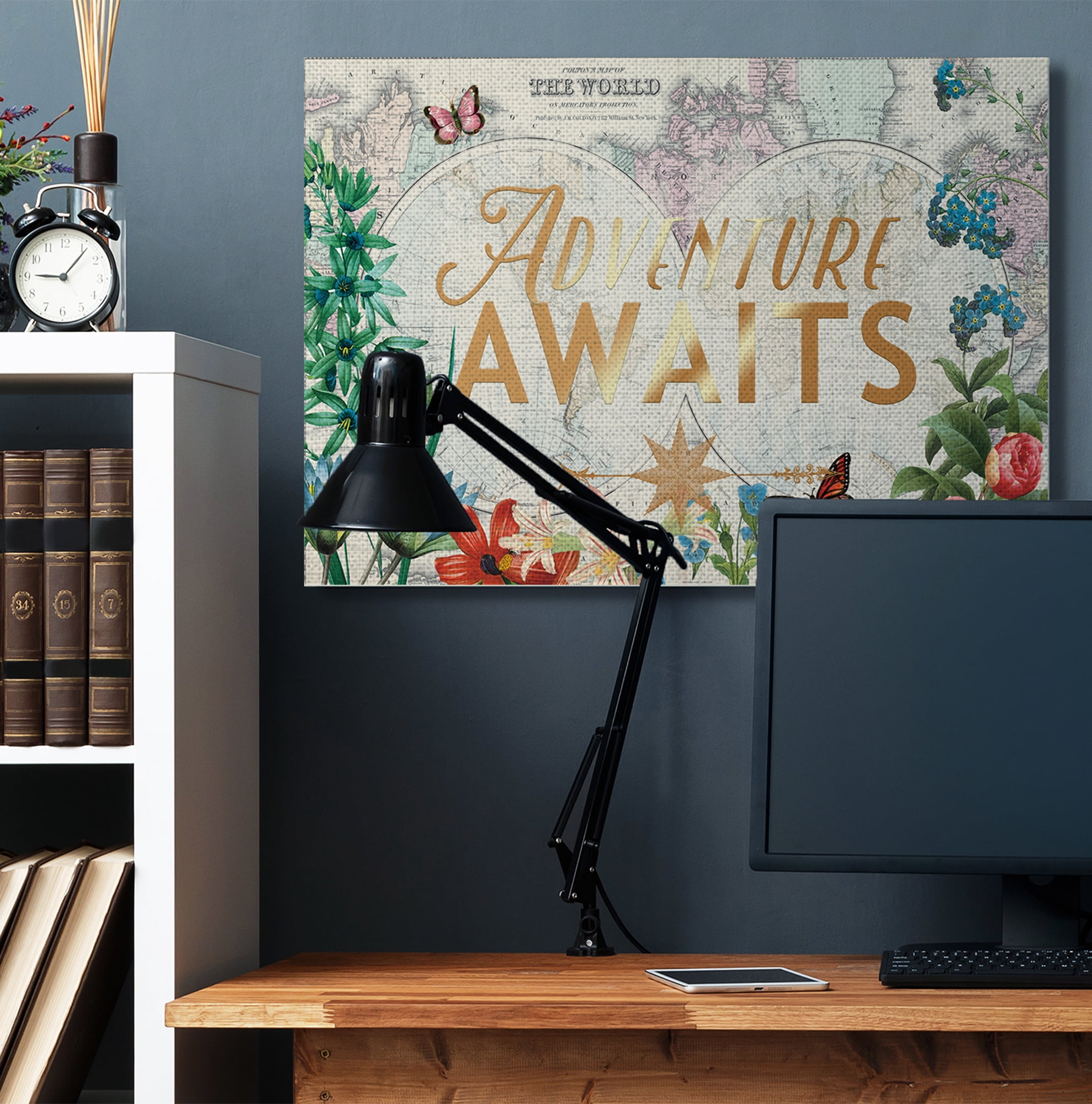 Stupell Home Décor Adventure Awaits Globe Map Flower Word Design Canvas Wall Art by Ophelia and Company