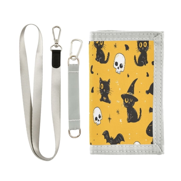 Cloth Wallet with Lanyard & Multiple Compartments Fashion Purse Zipper Clutch Bag for Cash Cards Coins Black Kitten and Skull