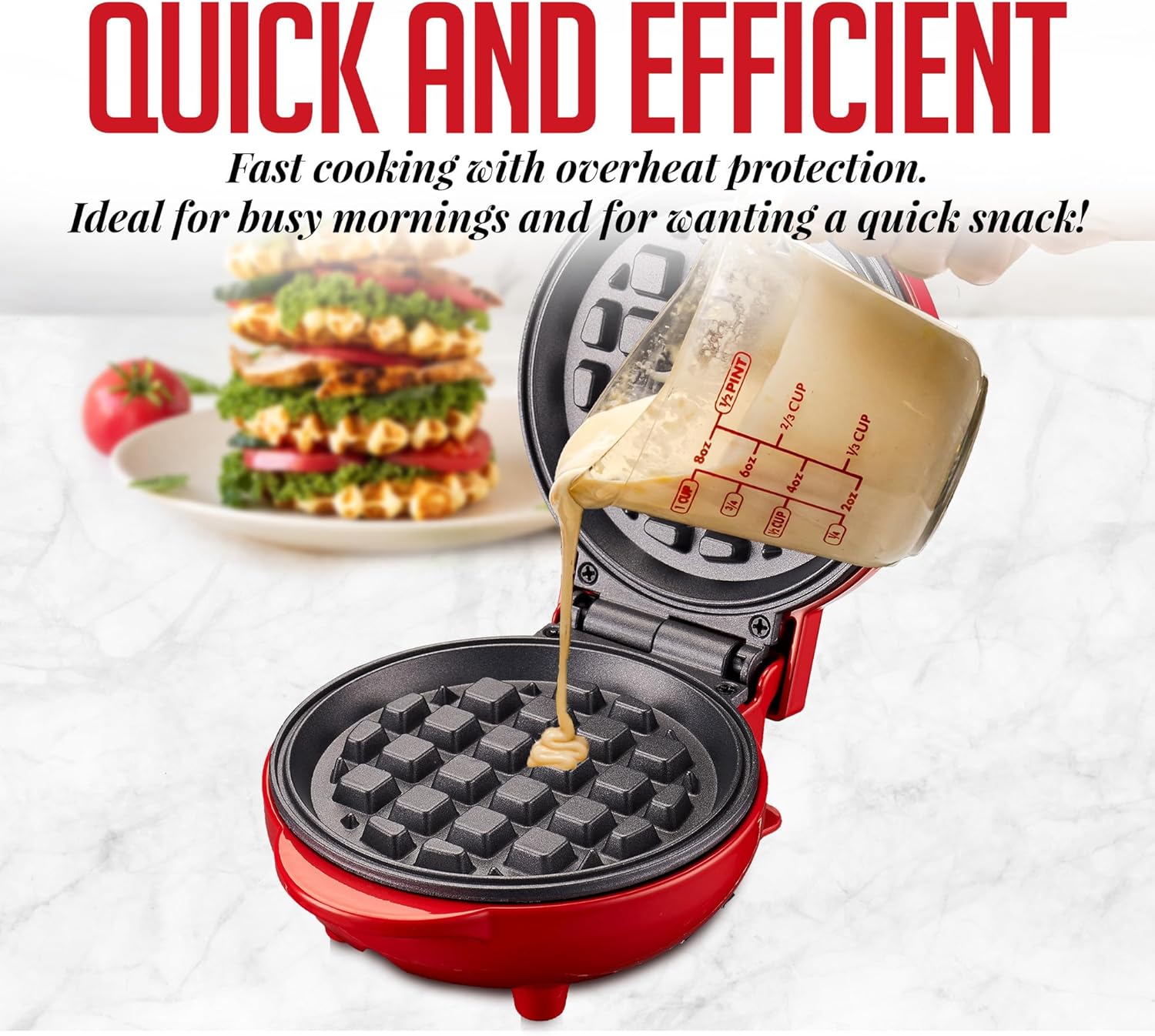 OVENTE Electric Mini Waffle Maker, 550W Fast Heating Element with Overheat Protection, 4-Inch Non-Stick Plates and Cooking Surface, Perfect for Breakfast, Hash Browns, Keto Chaffles, Red WM215R