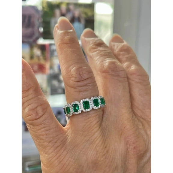 4TCW Emerald Cut Lab Created Green Emerald Wedding Halo Band Ring in 14K White Gold Plated