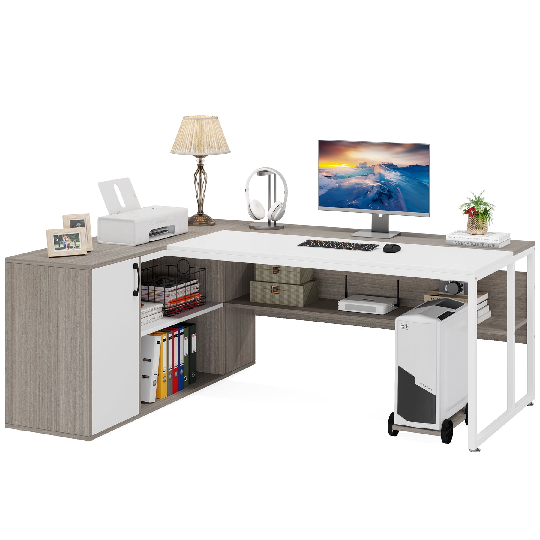 Tribesigns 71 inch L Shaped Executive Desk with Cabinet Storage, Rustic Brown Business Furniture Desk Workstation with Shelves for Home Office