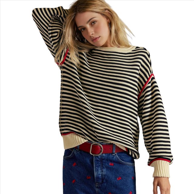 Sudadera Holgada A Rayas para Mujer, Cuello Redondo, Larga, Sudaderas con Capucha, Moda de Verano 2025, Jersey de Cuello Alto. Albaricoque XL