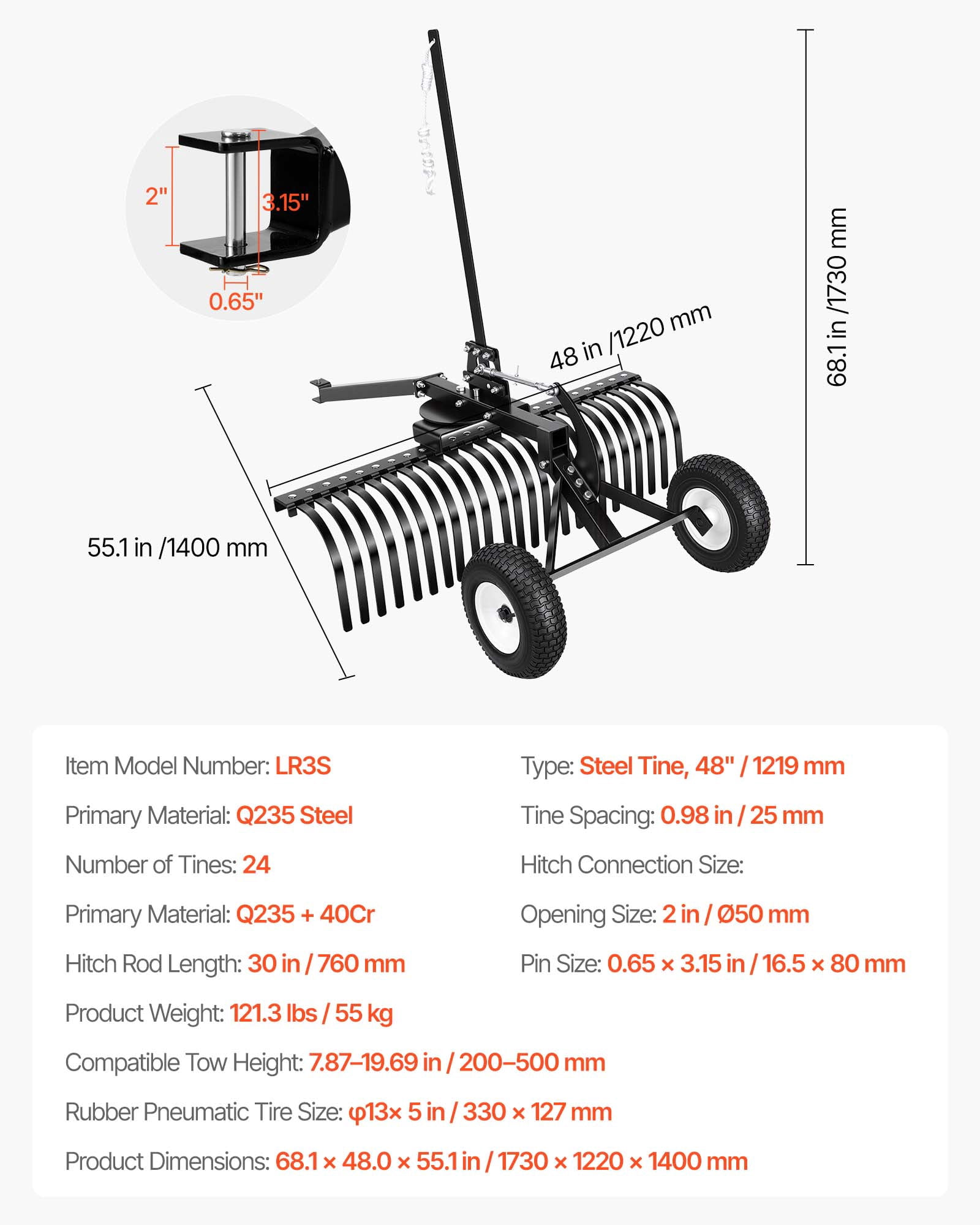 VEVOR 48in Landscape Rake, Pull Behind Lawn Rock Rakes for ATV Mower Tractors, 24 Durable Steel Tines, Adjustable Height & Angle, Heavy Duty Dethatcher Rake for Leaves Debris