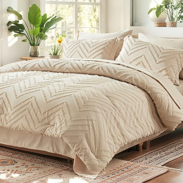 Juego de edredón Anluoer Queen, cama capitoné beige en una bolsa, 7 piezas