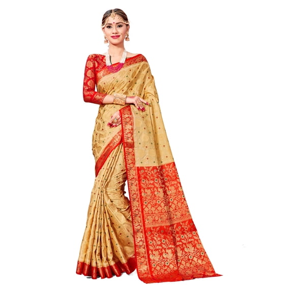 Sarees for Women Banarasi Art Silk Woven Saree l Indian Wedding Gift Sari with Unstitched Blouse Beige