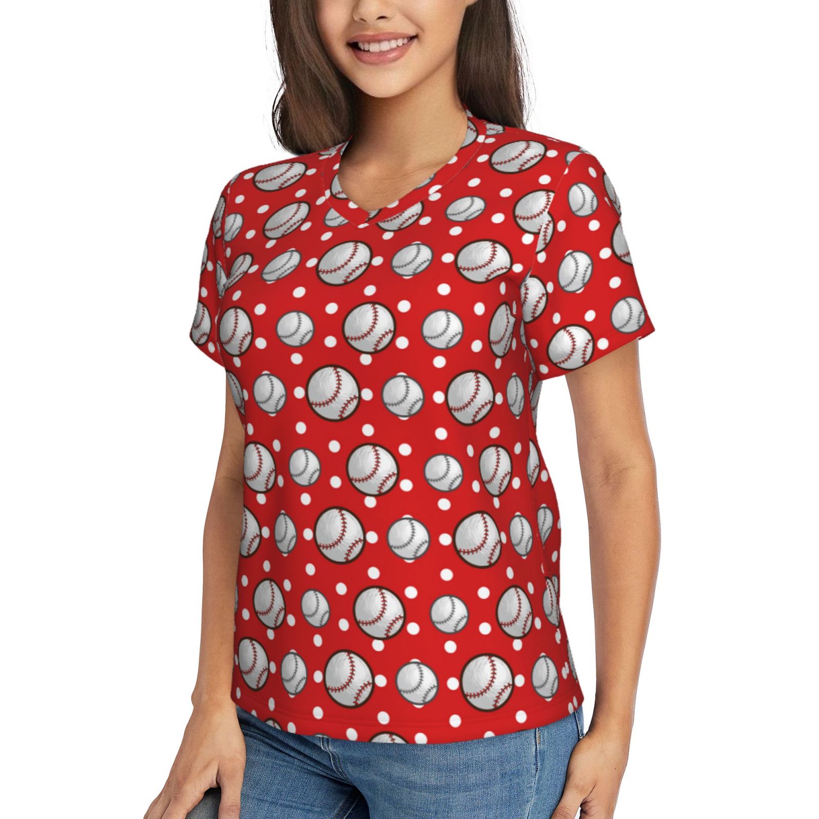 Vsdgher Cute Baseball Women Shirts V Neck Short Sleeve Tops T-Shirt Basic Tees, S to 3XLMedium