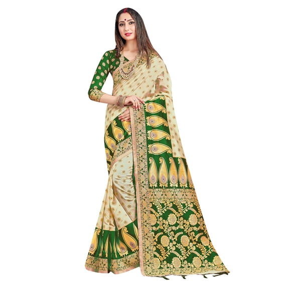 Sarees For Women Banarasi Art Silk Saree || Indian Durga Puja Bangali Woven Sari With Unstitched Blouse