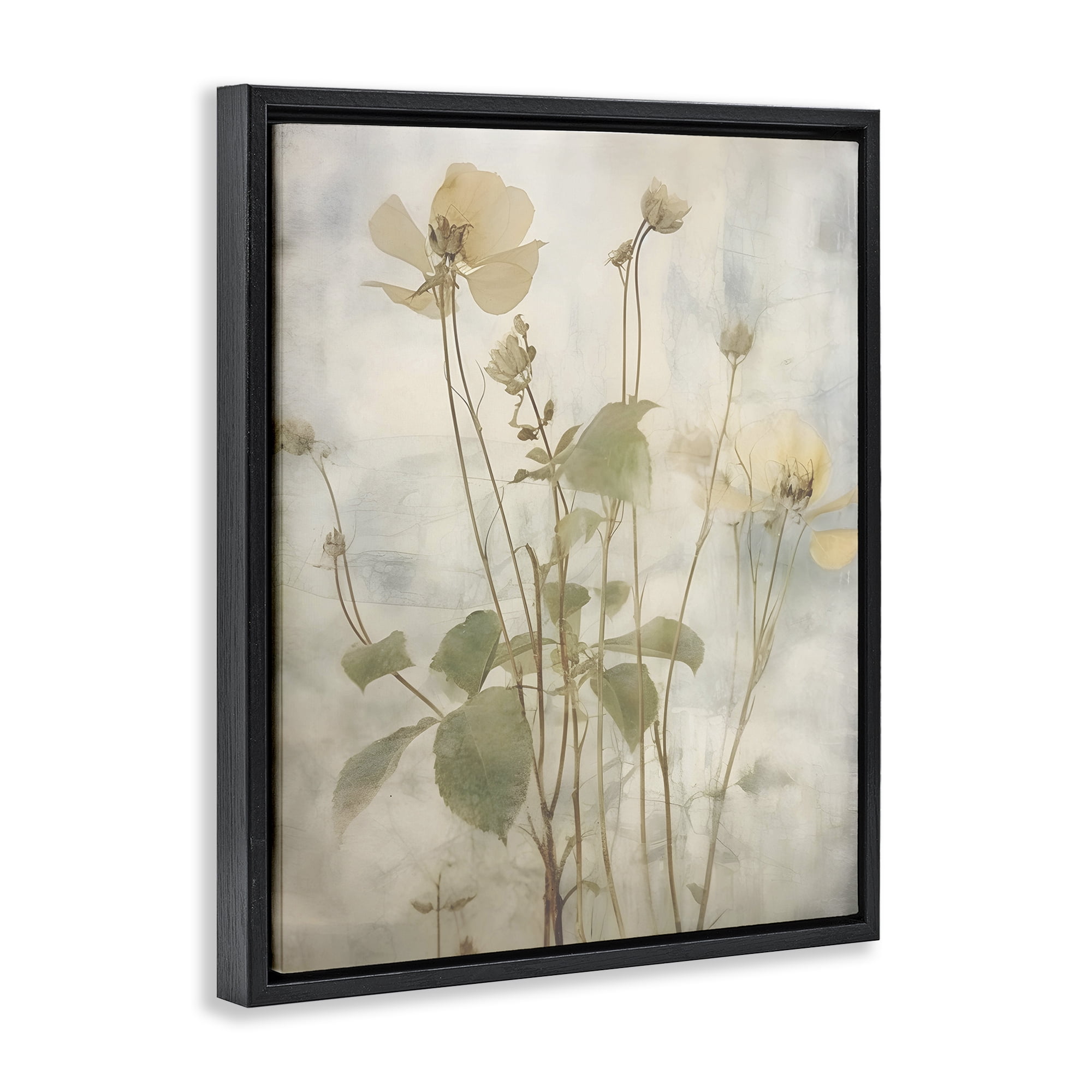Stupell Industries Soft Botanicals Pattern Plants & Flowers Painting Black Floater Framed Canvas Art Print Wall Art, 17 x 21