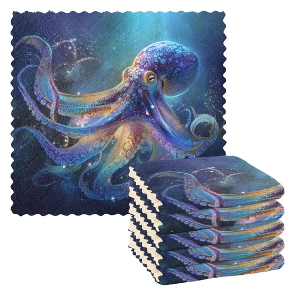 6 Pieces of Kitchen Towels 11x11Inch Kitchen Dish Cloths Kitchen Dish Towels Reuseable Cleaning Cloths Magical Ocean Octopus