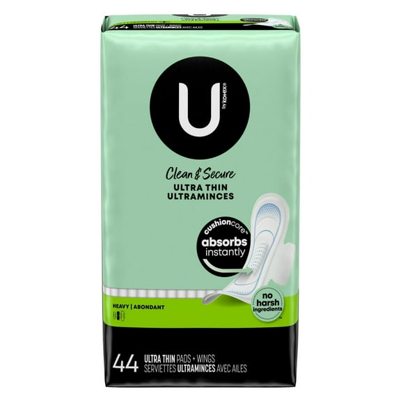 U by Kotex Clean & Secure Ultra Thin Pads with Wings, Heavy Absorbency, 44 Count- Pack of 2