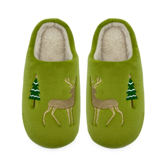 Boys' Winter Plush Slippers - Indoor Comfy Shoes with Festive Deer and Tree Embroidery