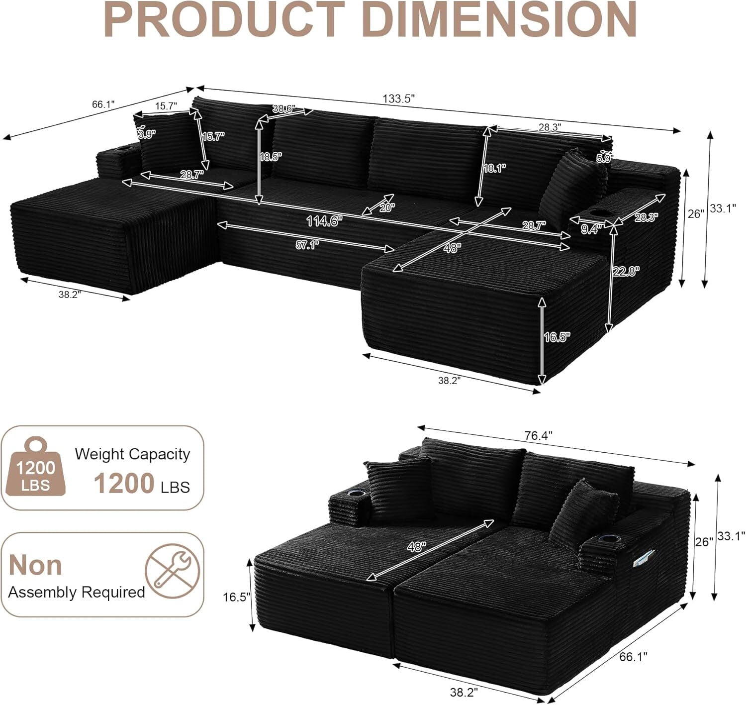 134 Inch Cloud Couch U-Shaped Modular Sectional Sofa, Deep Seat Corduroy Boneless Sofa with Cupholders & Side Storage, Modern Upholstered Couches for Living Room, No Assembly,Black