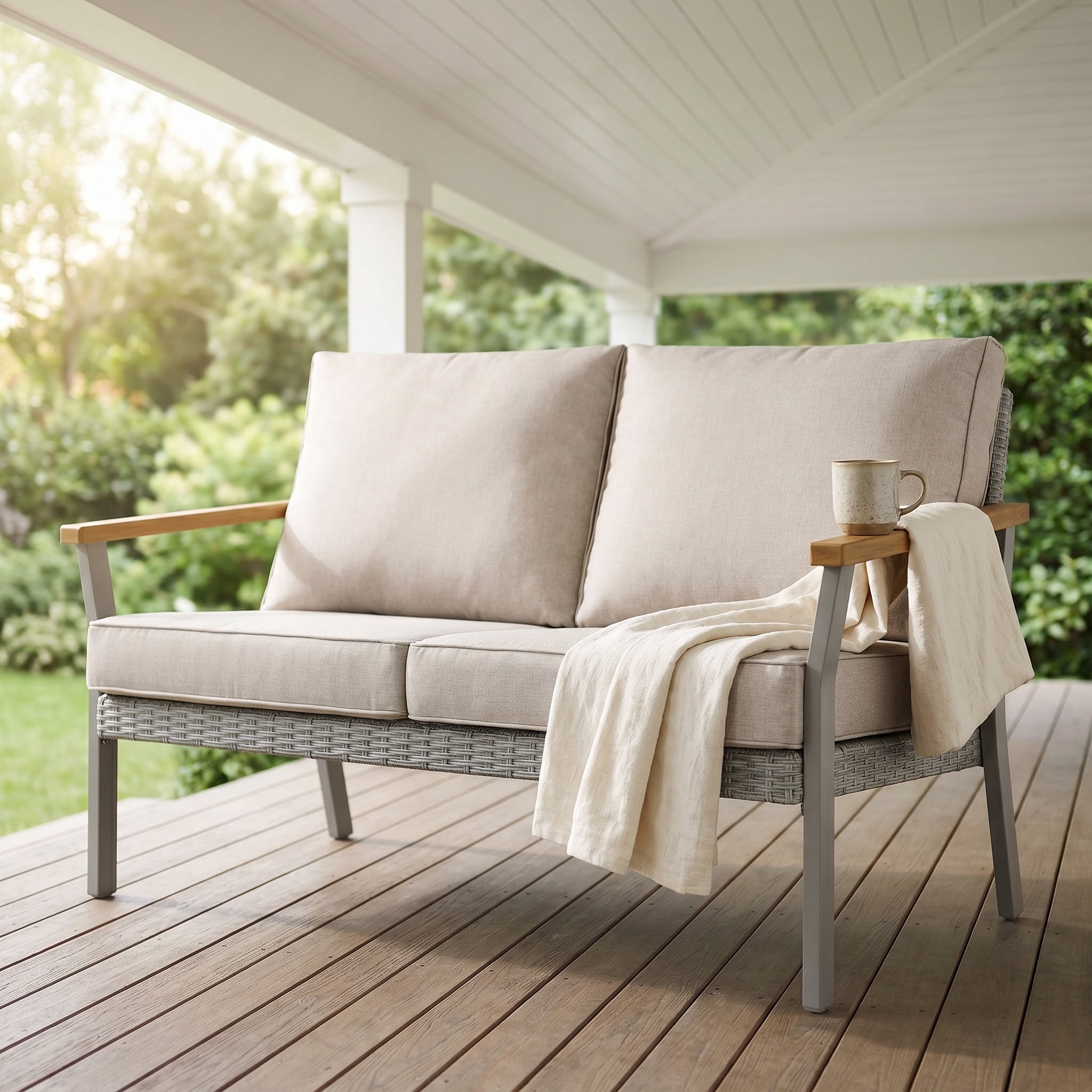 Nordic Hygge 2-Seat Modern Minimalist Patio Sofa with Weather-Resistant Cushions – Powder-Coated Rust-Proof Frame – Gray