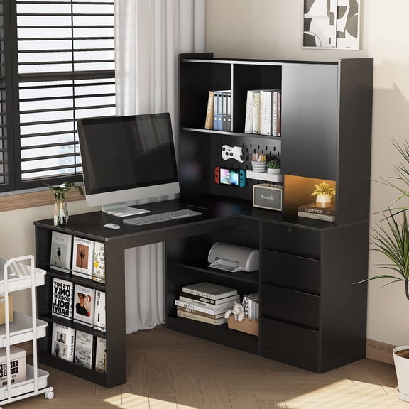 WUSCASA L Shaped Desk with LED Light , Corner Computer Desk with Drawers & Bookshelf, Modern Home Office Desk