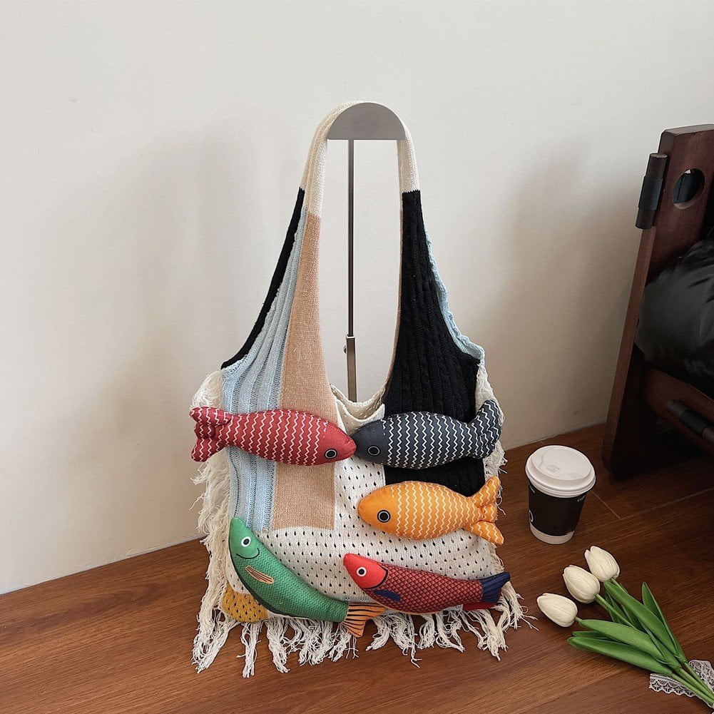 Jiibva Crochet Beach Shoulder Bag for Women Summer Tote handbags Shoulder Boho Bag with Handmade Fish for Summer Vacation