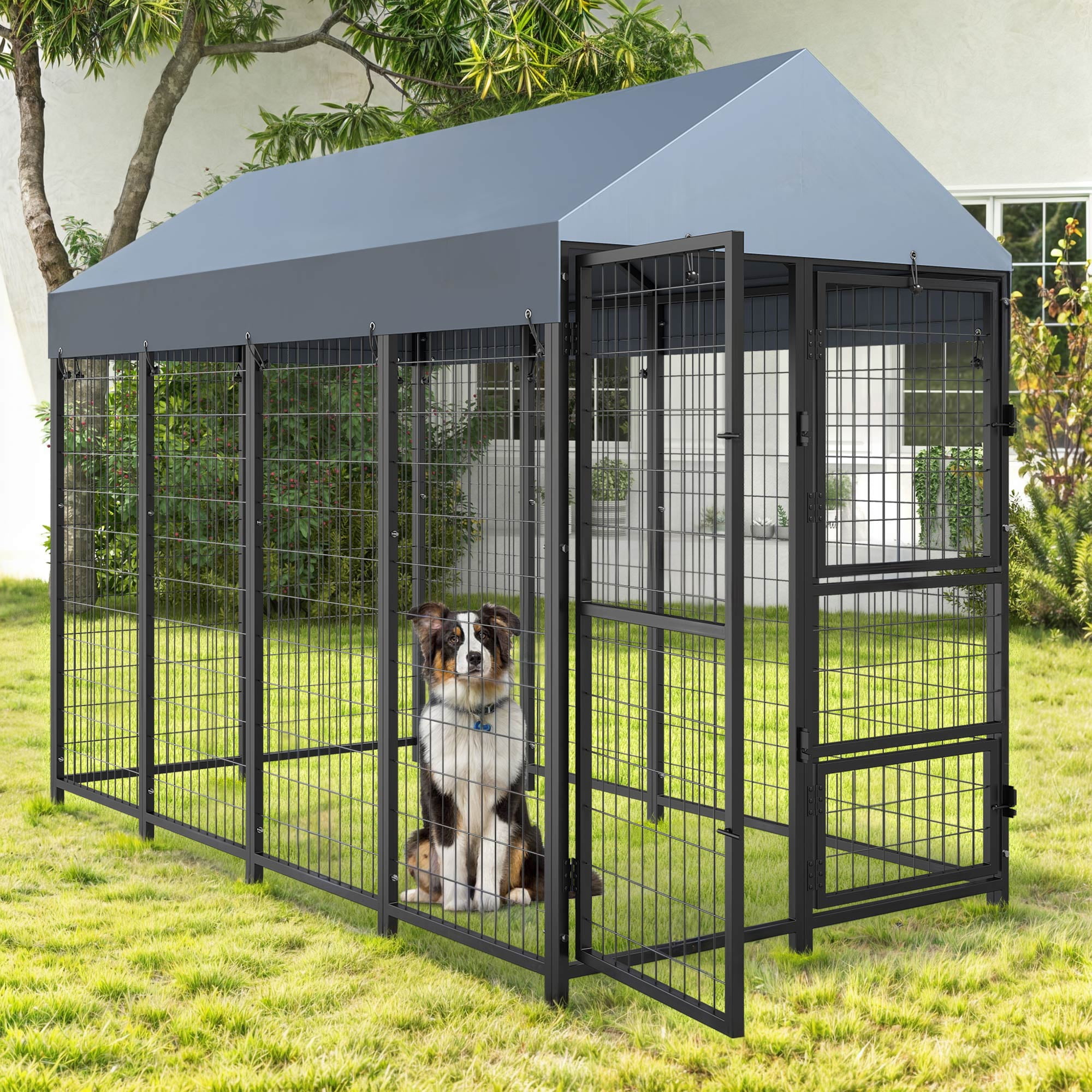 Dextrus 8x4x6ft Large Outdoor Dog Run Kennel, Heavy Duty Dog Pets Cage Galvanized Steel Dog Fence Dog Enclosure Playpen with Waterproof Cover and Secure Lock
