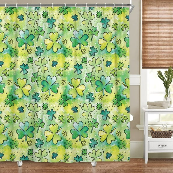 St. Patrick's Day Shower Curtain, Green Clover Shamrock Leaves Irish Shower curtain set, spring Good Luck day Bathroom accessories with 12PCS Hooks, 70X70IN