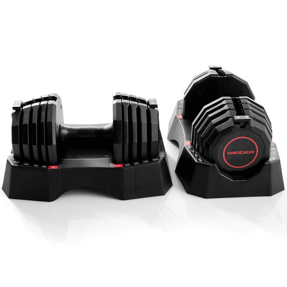 Weider Select-A-Weight Adjustable 50 Pound Dumbbell Pair with Rack