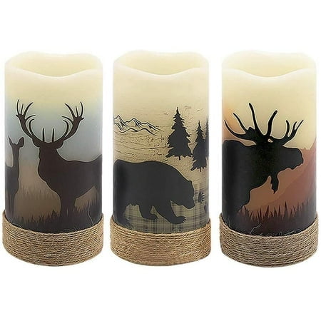 GenSwin Battery Operated Flameless Led Candles Flickering with Hemp Rope and 6H Timer, Real Wax Pillar Candles Warm Light with Deer, Moose, Bear Decals Decor Christmas Home(Pack of 3, D3 x H6)