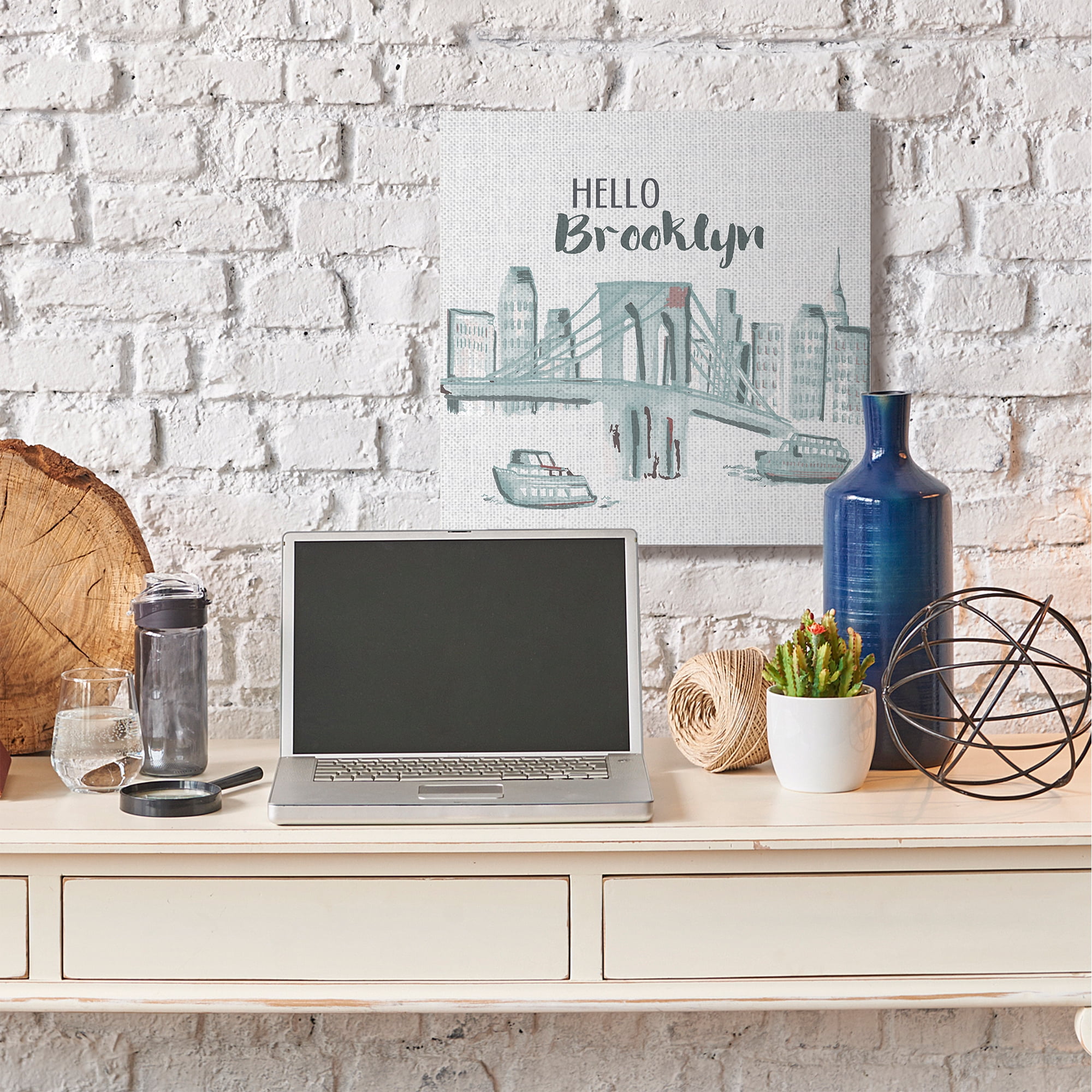 Stupell Home Décor Hello Brooklyn Bridge Cityscape Watercolor Design Canvas Wall Art by Cindy Willingham