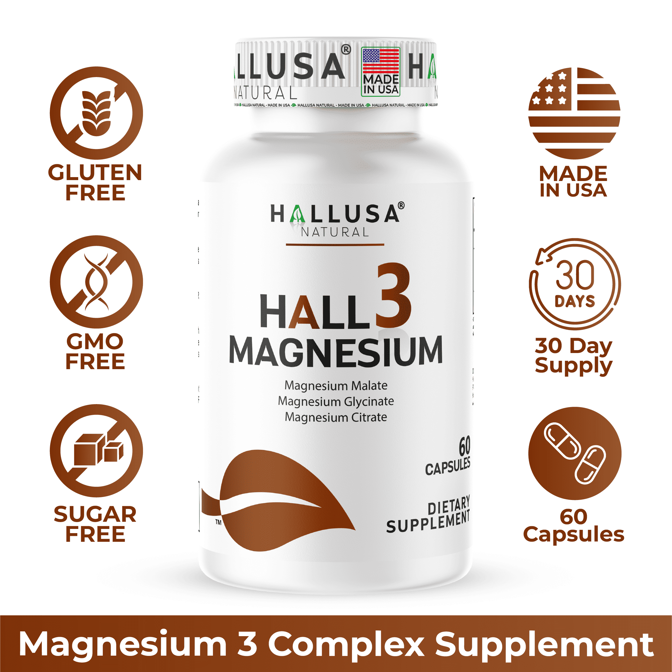 HALLUSA NATURAL Magnesium Complex Capsules 135mg with Malate, Citrate, Glycinate - 60 Count
