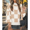 thumbnail image 6 of Women'S Fall Fashion Roll-Neck Long Sleeve Plaid Ribbed Knit Loose Pullover Sweater Tops Khaki Checkered S, 6 of 9