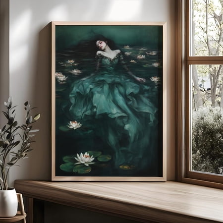 Ophelia Dark Academia Art Moody Victorian Woman In Pond V3, Unframed Paper Poster 8x10in