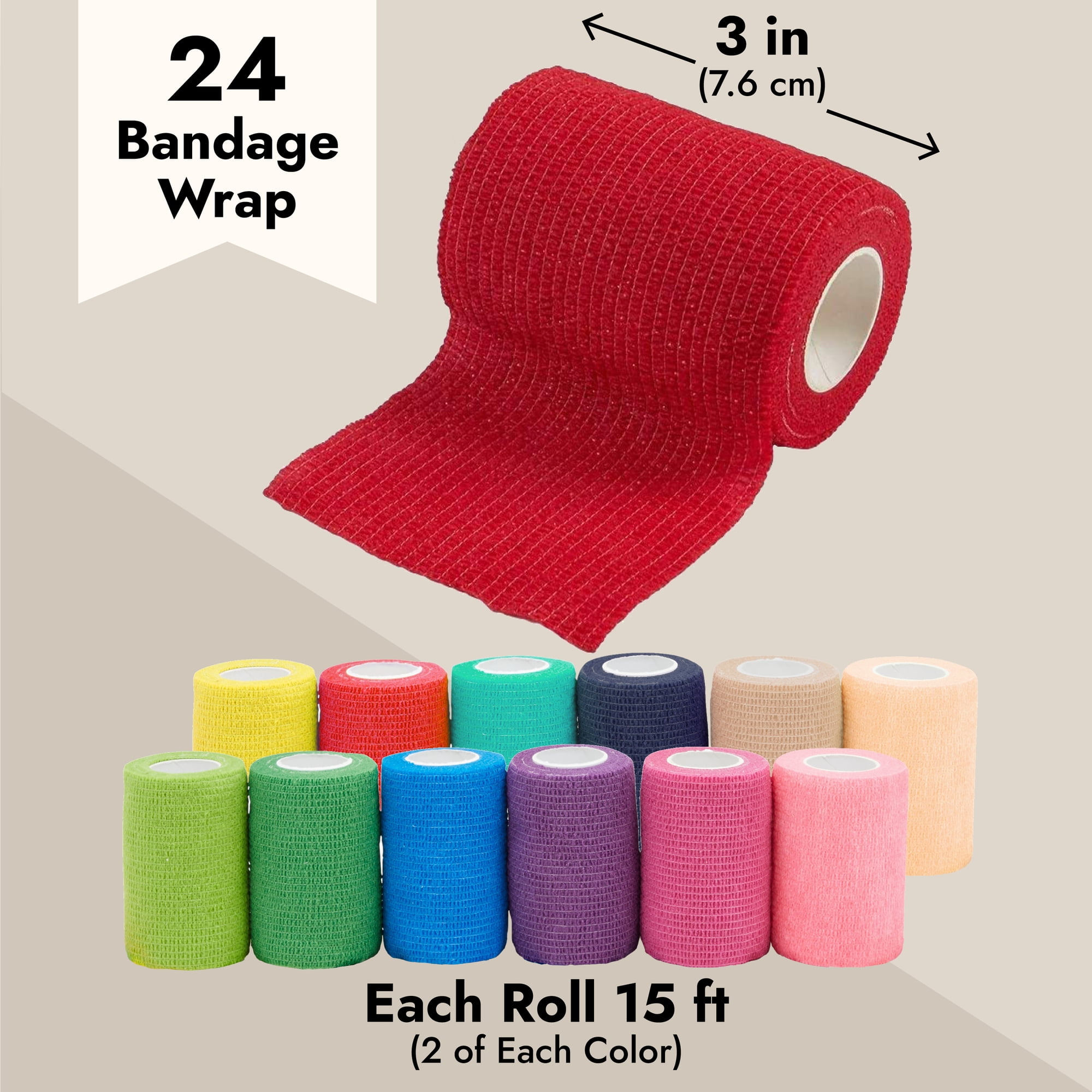 24 Rolls Colorful Self Adhesive Bandage Wrap 3 Inch x 5 Yards - Cohesive First Aid Tape for Sports, Vet, Medical, Tattoo (12 Colors)