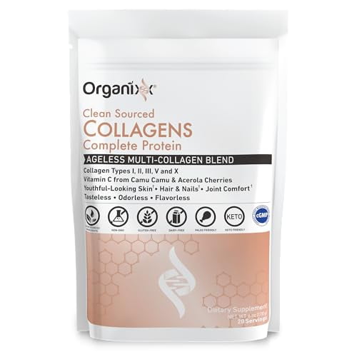 Organixx Péptidos de colágeno en polvo con vitamina C, tipos I, II, III, V, X Colágeno hidrolizado, salud del cabello, uñas, piel, huesos y articulaciones, apoyo al envejecimiento, de origen limpio, s