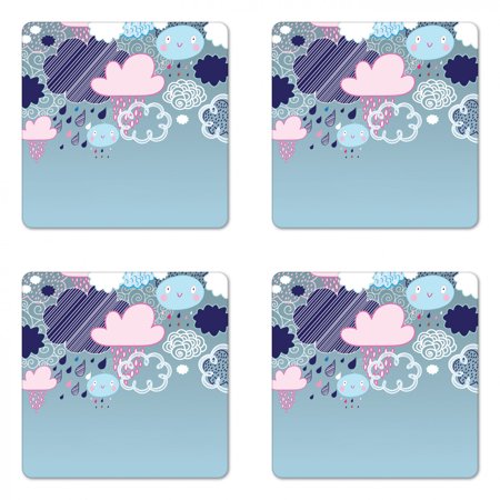 

Funny Coaster Set of 4 Clouds with Smiling Faces and Ornate Motifs Happiness Fun Rainy Season Graphic Image Square Hardboard Gloss Coasters Standard Size Pink Blue by Ambesonne