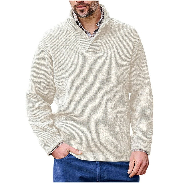 Rbaofujie Chandails en Molleton Col Rond Mode pour Hommes Col en V Chaud Extérieur Manches Longues Tricot Haut Col en V Chandail Blanc Chemises de Gym Hommes