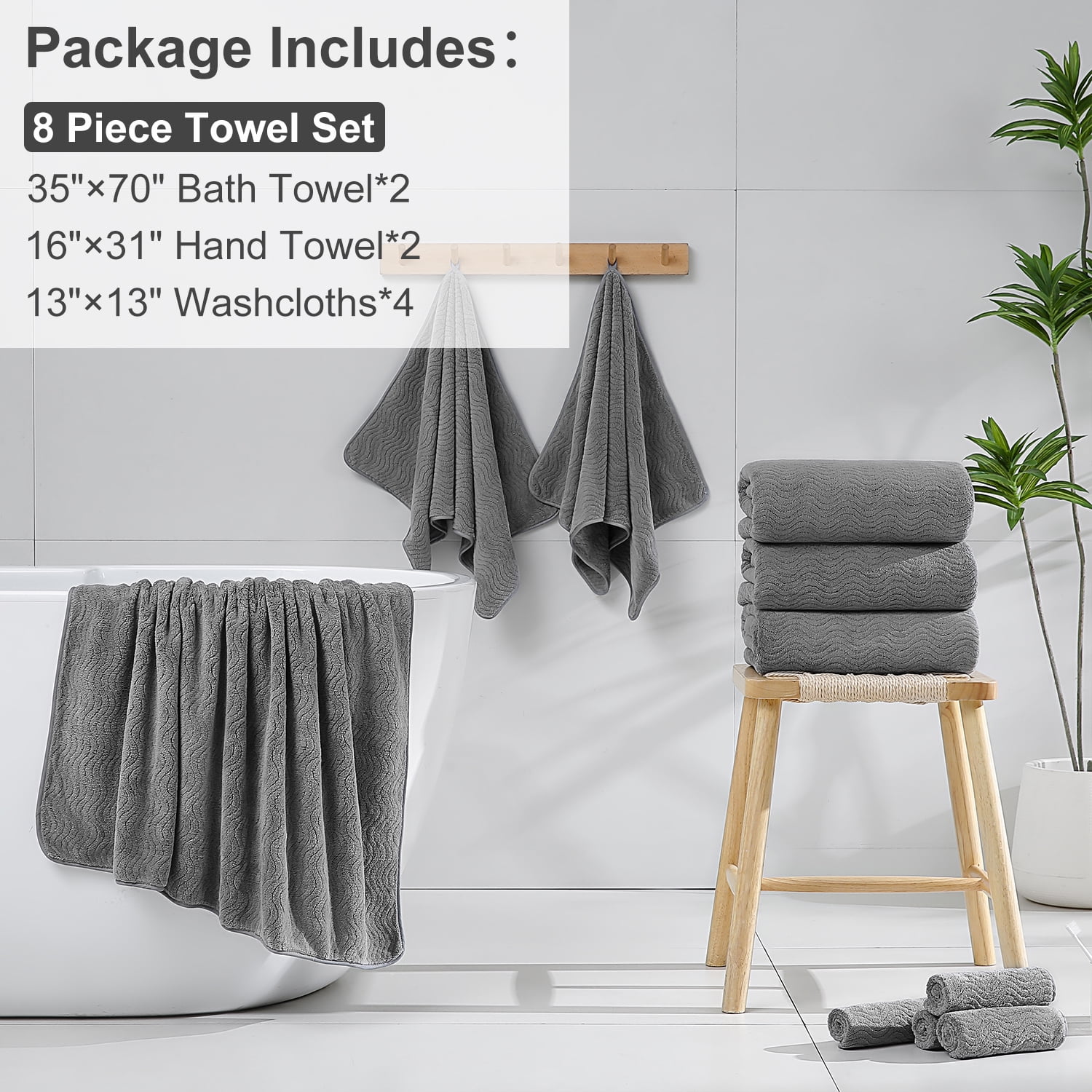 Covina Home 8 Pcs Bath Towel Set Dark Gray Microfiber Bathroom Towel Set Ultra Soft Plush Oversized Towels Adult Luxury Bath Sheet
