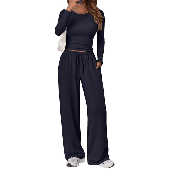 Women's two-piece casual suit, long-sleeved slightly cropped top, wide-leg pants, casual