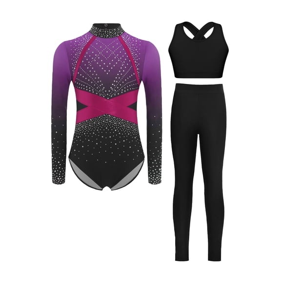 Hansber Gymnastics Leotard for Girls Rhinestone Long Sleeve Bodysuit Vest and Leggings Tumbling Dance Outfit Purple 10