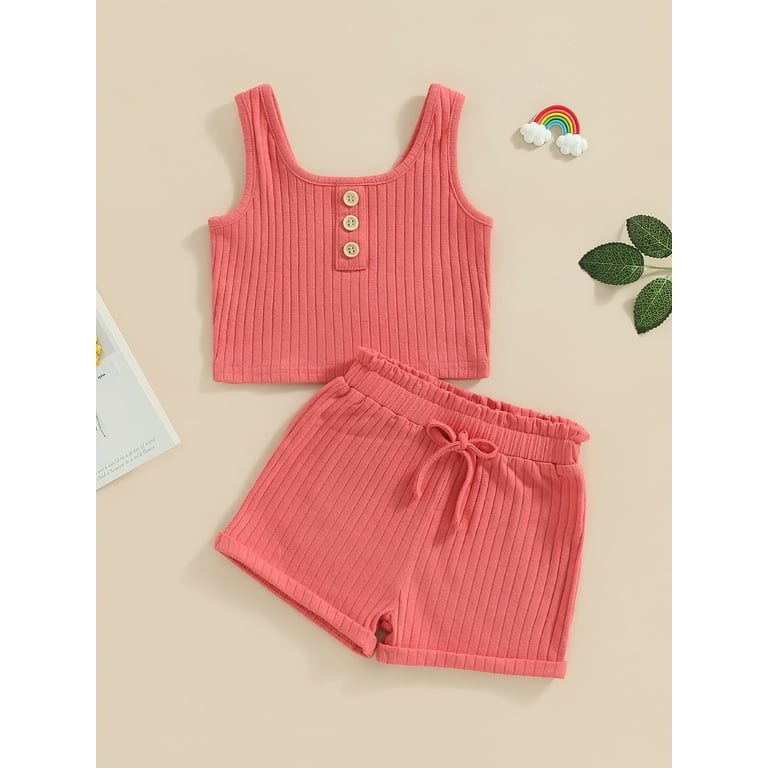 Kids Girls Summer 2 Piece Outfits Sleeveless Button Cami Tops Solid Color  Shorts Sets 