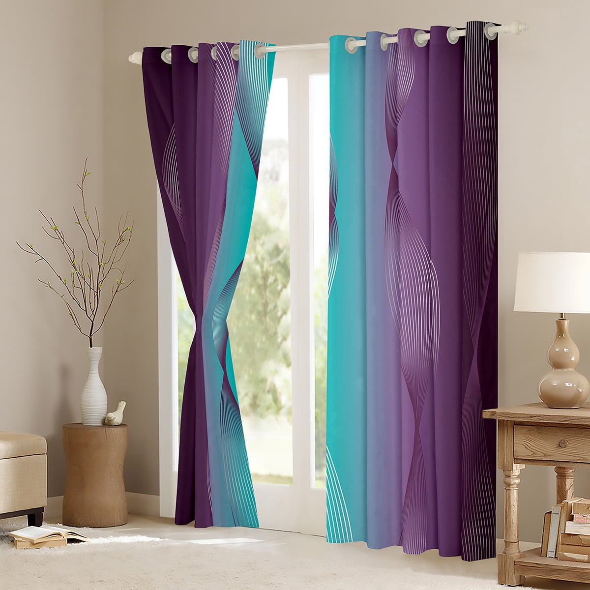Gradient Purple and Teal Blackout Curtains Ombre 2 Panels 42"Wx90"L Curtains & Drapes,Trippy Spiral Silver Wave Line Curtains,Abstract Art Room Decor Aesthetic