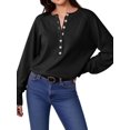 thumbnail image 2 of Women Henley Neck Half Button Drop Shoulder Loose Long Sleeve Knit Pullover Sweater Black XS, 2 of 9