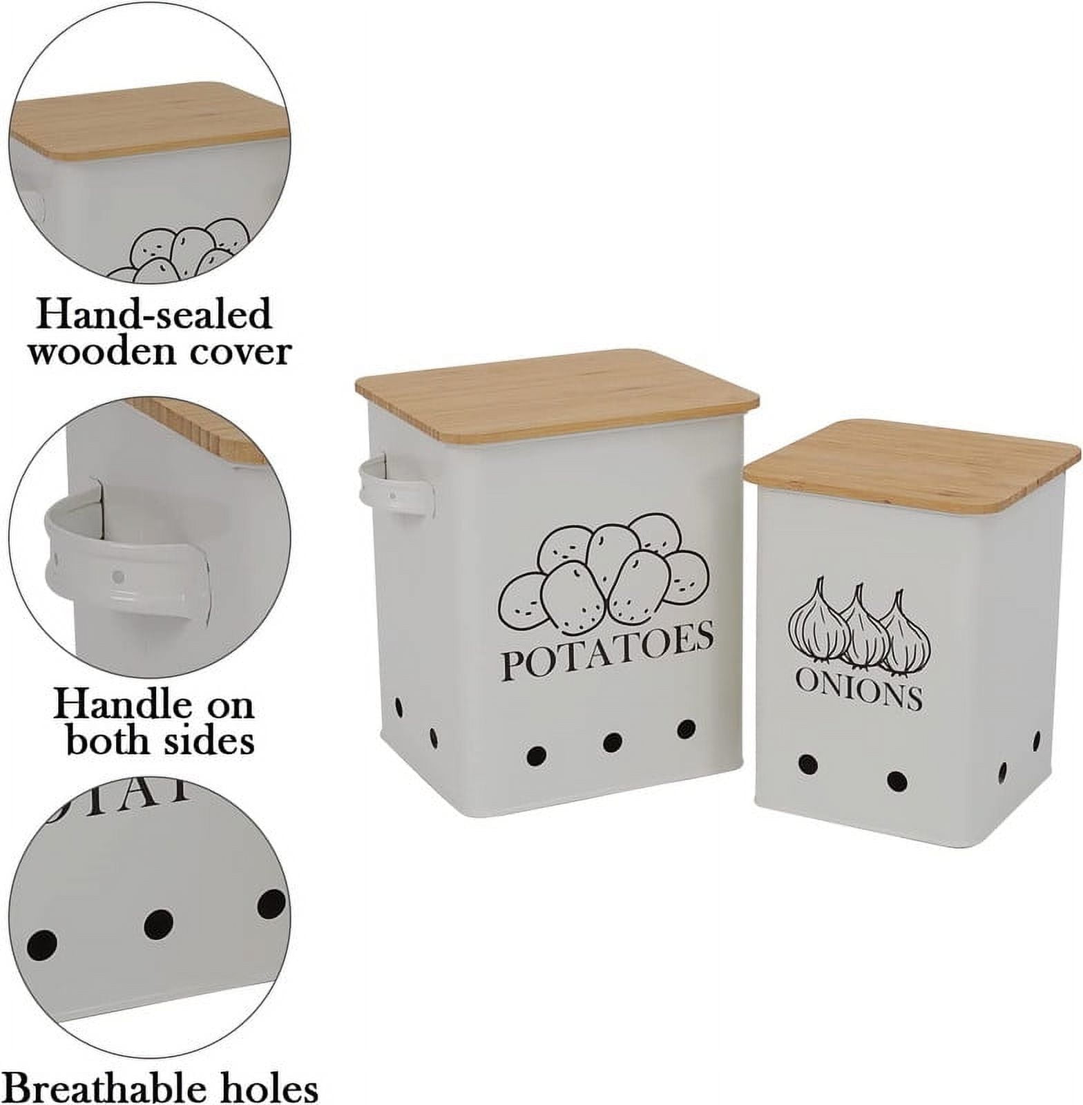 Pethiy Potato Onion Storage Bin, Kitchen Storage Containers, Kitchen Pantry Organizer Tin - Vegetable Fresh Keeper with Aerating Tin Storage Holes & Wooden Lid,7.4L+4.5L, Black