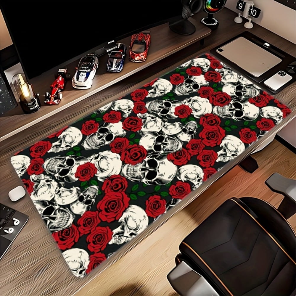 HELLOYOUNG Oversized Mouse Pad Non Slip Desk Mat, White Skull and Red Rose Gaming Mousepad with Stitched Edge, Durable Rubber Office Desk Pad, Holiday Gift for Gamers and Home Office