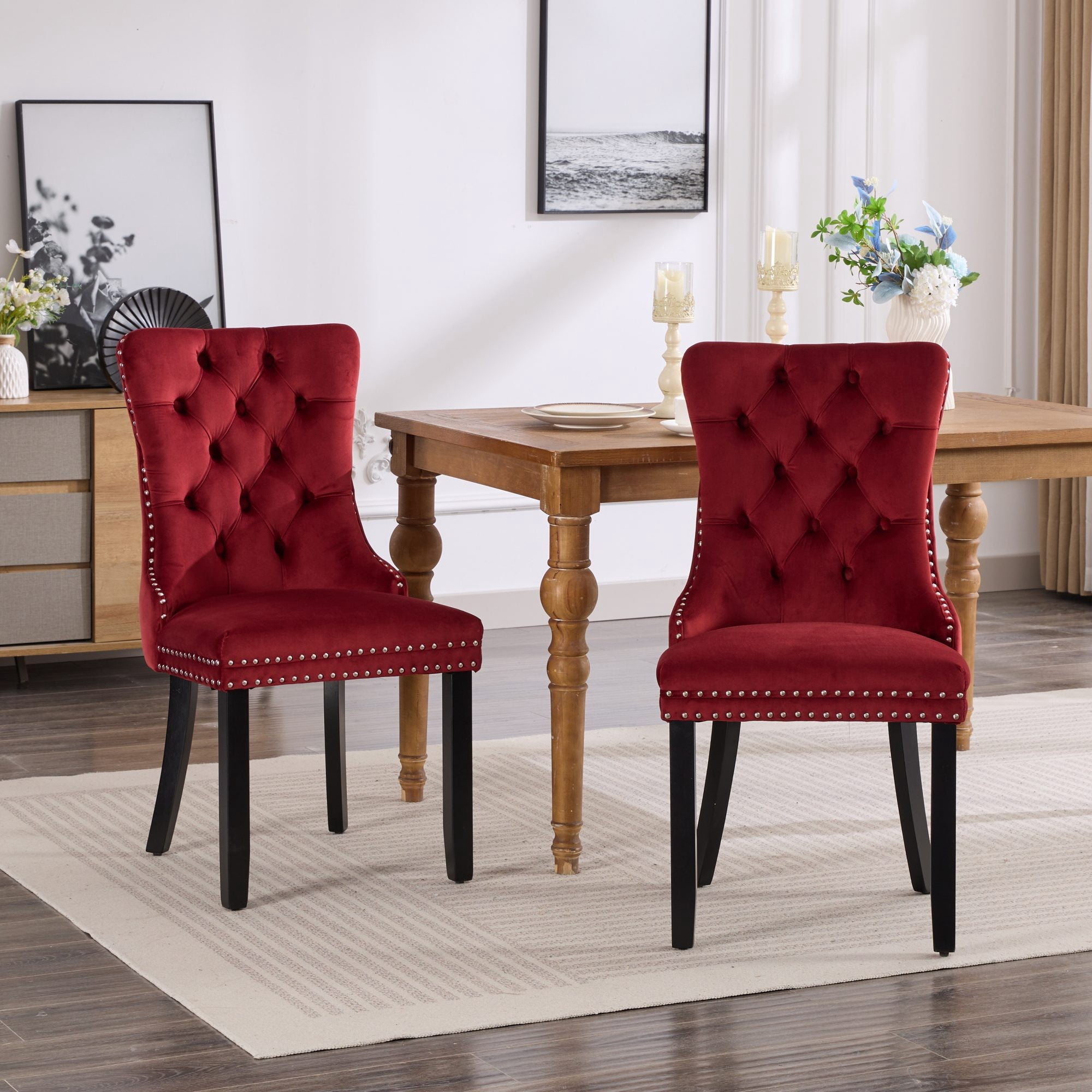 Gewnee Set of 2 Modern Velvet Tufted Upholstered High End Dining Chairs with Wood Legs & Nailhead Trim for Dining Room Kitchen, Burgundy